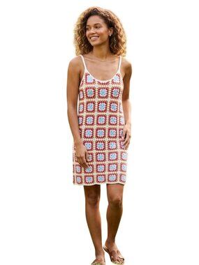 Willow & Wind Granny Square Crochet Spaghetti Strap Mini Dress Fully Lined Size